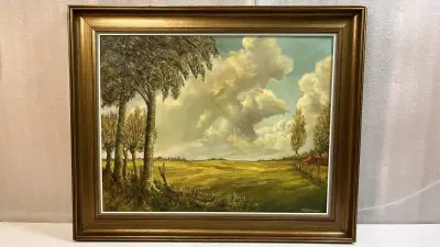 Groot Origineel Olieverfschilderij "Weids Landschap met Boerderij", gesigneerd R. V. D. Berge – kavel bij De Kringwinkel, Waardamme