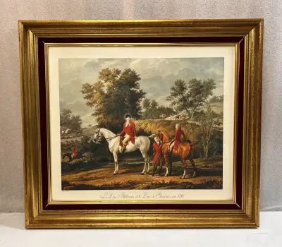Grote Ingelijste Jachtprent "Le Duc d'Orléans et le Duc de Chartres en 1788" naar Carle Vernet – kavel bij De Kringwinkel, Waardamme