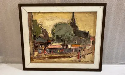 Origineel Impasto Olieverfschilderij "Stadsgezicht met Kerk", gesigneerd J. Demeulemeester – kavel bij De Kringwinkel, Waardamme