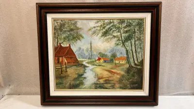Origineel Olieverfschilderij "Landelijk Dorpsgezicht" gesigneerd Ars. Gheraert – kavel bij De Kringwinkel, Waardamme