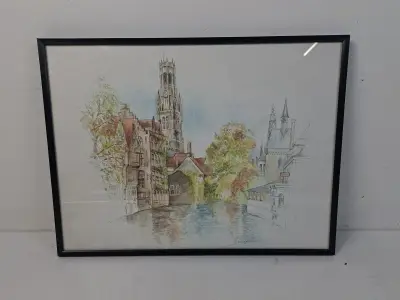 Nostalgische Aquarel-look Prent van Brugge – Gesigneerd door Bernadette Voz – kavel bij De Kringwinkel, Waardamme