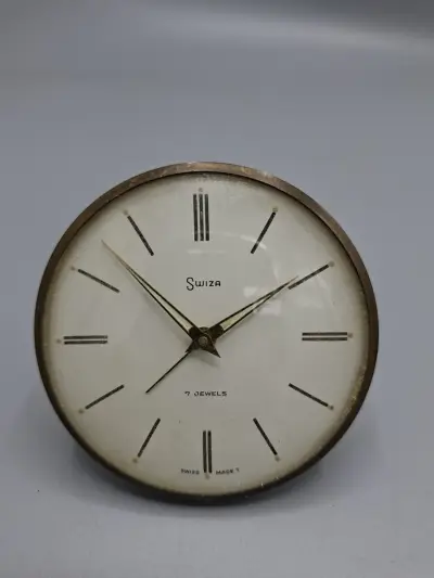 Vintage Swiza 7 Jewels Swiss Made Wekker / Tafelklok – Messing – kavel bij De Kringwinkel, Waardamme