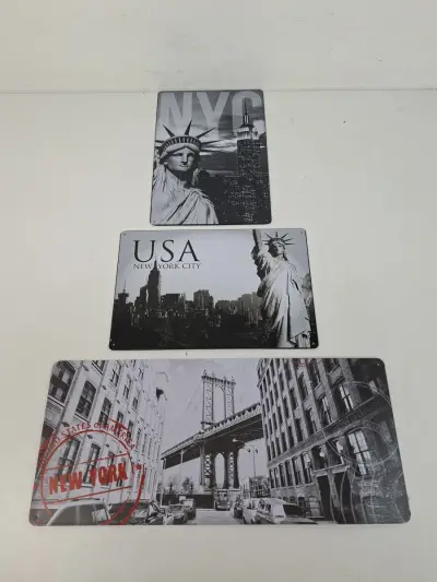 Set van 3 Vintage Metalen Wandborden – New York City / USA (Zwart-wit) – kavel bij De Kringwinkel, Waardamme