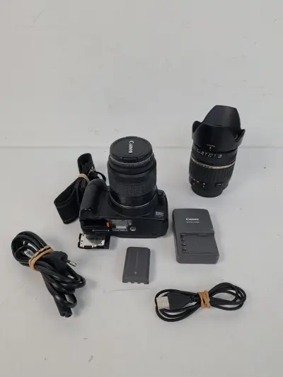 Complete Canon EOS 350D (DS126071) DSLR-Cameraset met Twee Lenzen en Accessoires – kavel bij De Kringwinkel, Waardamme