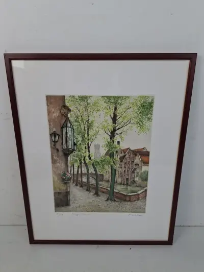 Prachtige, handgekleurde originele ets "Brugge - Groenerei" door F. Hebbelinck – kavel bij De Kringwinkel, Waardamme