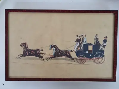 Vintage prent van een negentiende-eeuwse postkoets – kavel bij De Kringwinkel, Waardamme