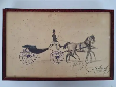 Gedetailleerde aquarel of ingekleurde tekening van een elegante koets – kavel bij De Kringwinkel, Waardamme