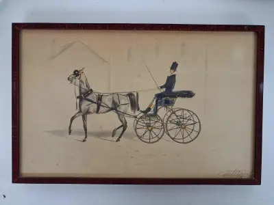 19e-eeuwse prent of tekening van een klassieke paardenkar – kavel bij De Kringwinkel, Waardamme