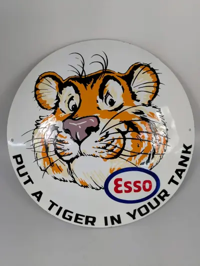 Émaille Esso reclamebord met tijger – kavel bij De Kringwinkel, Sint-Niklaas