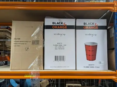 5x Doos kartonnen koffiebekers, Black & Orange, Scotty 180ml, (2500 stuks per doos) – kavel bij Onlineveilingmeester, Heerenveen