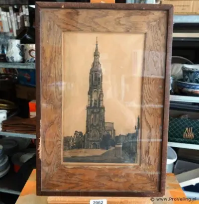 Antieke ets toren van de Nieuwe Kerk in Delft – kavel bij ProVeiling, Wageningen