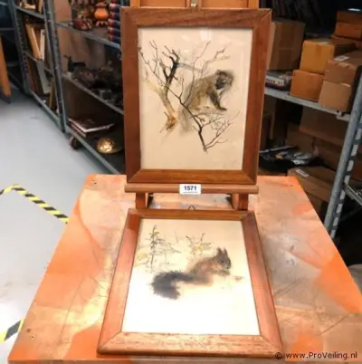 2 vintage aquarelprints van dieren van de Deense kunstenaar Mads Stage – kavel bij ProVeiling