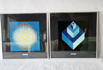 Set van 2 ingelijste Vasarely prints – kavel bij De Kringwinkel, Lochristi