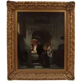 Johannes Anthonie Balthazar Stroebel – Interieur met binnenkomst van grootvader die door kleindochter verwelkomt wordt, doek 62x48 cm – kavel bij Veilinghuis Derksen