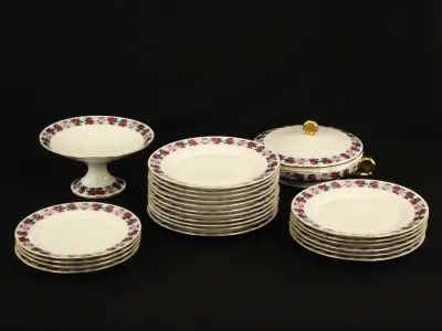 Art Deco Limoges servies Chabrol Fréres & Poirier - Grand Prix Paris 1925 met gestileerd rozenmotief – kavel bij De Kringwinkel, Antwerpen