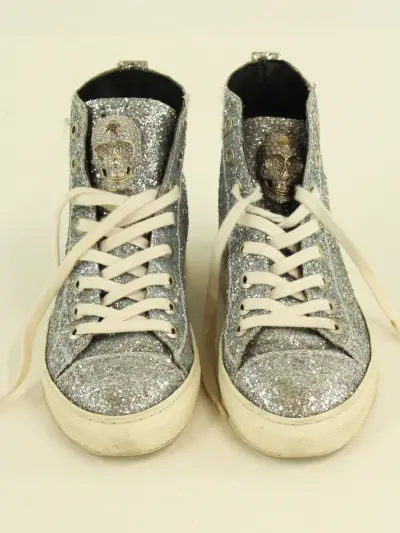 Philipp Plein high-top sneakers met zilverkleurige glitters en skull-detail – kavel bij De Kringwinkel, Antwerpen
