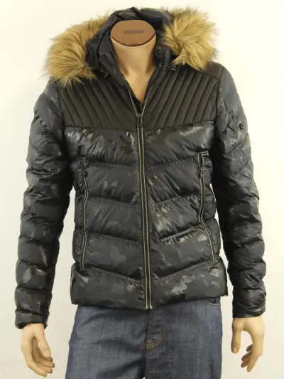 Stone Island zwarte gewatteerde winterjas met faux fur aan kap - maat: M – kavel bij De Kringwinkel, Antwerpen