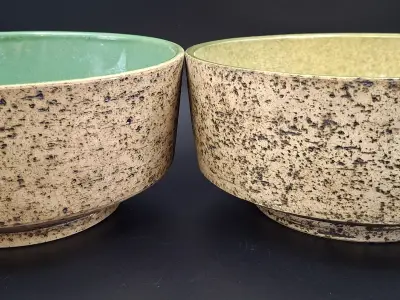 Set van 2 mid-century keramieken kommen met berkenbastdecor – kavel bij De Kringwinkel, Gent