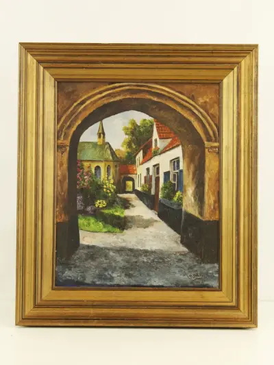 L. Plehiers – Olieverfschilderij van een dorpsgezicht met boogpoort – kavel bij De Kringwinkel, Antwerpen