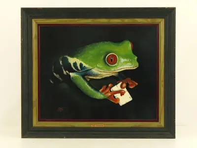 Eric Corremans – Schilderij van een Roodoogmakikikker met speelkaarten – kavel bij De Kringwinkel, Antwerpen