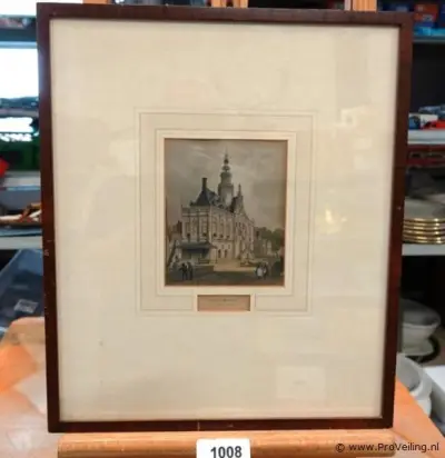 Antieke handgekleurde staalgravure van het stadhuis van Bolsward – kavel bij ProVeiling, Nederland