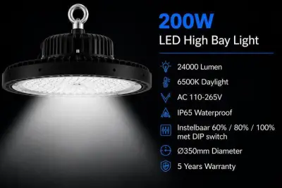 5 x LED Highbay UFO PRO 200W – Instelbaar 60% / 80% / 100% – 6500K – WEB-200 – kavel bij ProVeiling