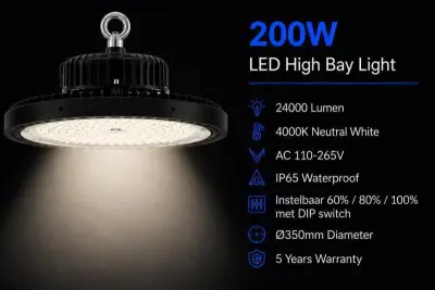 10 x LED Highbay UFO PRO 200W – Instelbaar 60% / 80% / 100% – 4000K – WEB-200 – kavel bij ProVeiling