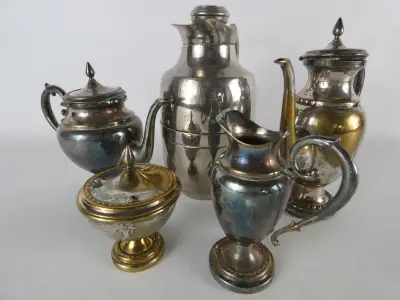 Vintage verzilverd koffie- en theeservies, 5-delig – kavel bij De Kringwinkel, Heverlee