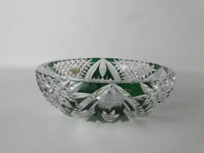 Val St. Lambert kristallen schaal met groen decor – kavel bij De Kringwinkel, Heverlee