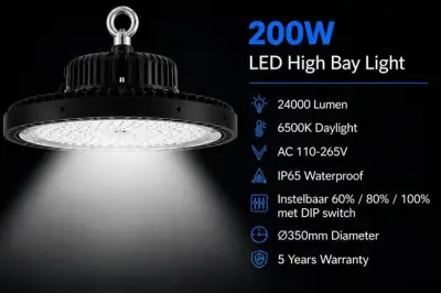 10 x LED Highbay UFO PRO 200W – Instelbaar 60% / 80% / 100% – 6500K – WEB-200 – kavel bij Vlavem