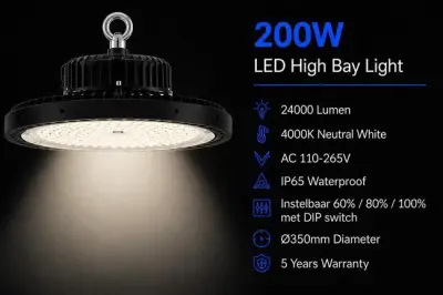 5 x LED Highbay UFO PRO 200W – Instelbaar 60% / 80% / 100% – 4000K – WEB-200 – kavel bij Vlavem