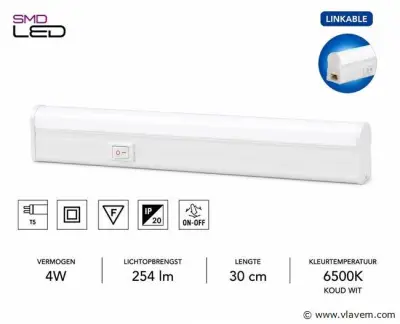 10 x LED Onderbouw Lamp 4W – 6400K Koud Wit - Wit – 30cm – IP20 – SIGMA-4 – kavel bij Vlavem