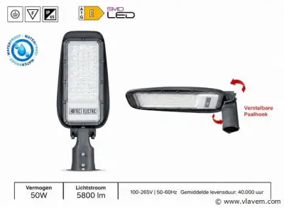 10 x LED Straatlamp 50W – 6400K Koud Wit - Grijs – IP65 – FLORIDA-50 – kavel bij Vlavem