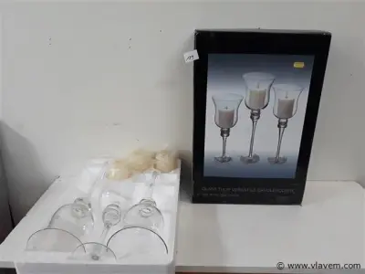 2 x Kaarshouder glas 3 stuks + kaars – kavel bij Vlavem