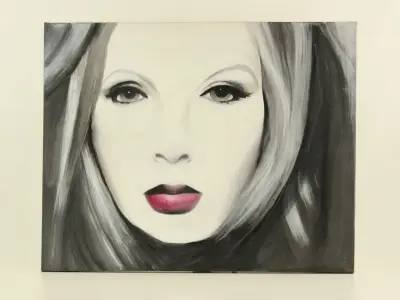 Vrouwen gezicht met opvallend rode lippen, acryl op canvas gesigneerd – kavel bij De Kringwinkel, Antwerpen