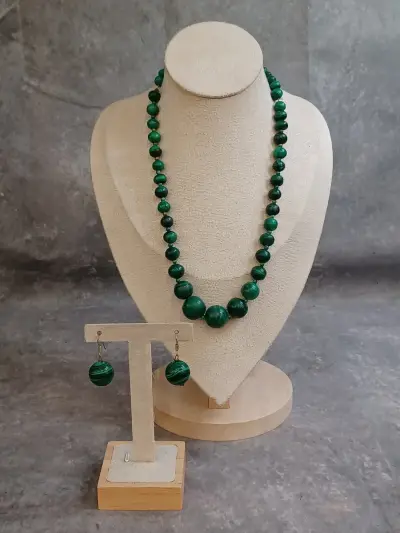Exclusieve Malachiet sieradenset - Ketting en oorbellen in zilver - 925 – kavel bij De Kringwinkel, Gent