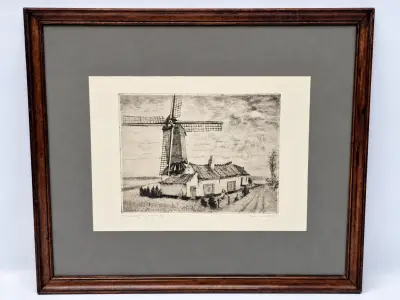 Gesigneerde ets 8/100 - “Molenhuisje – Zingem” - Romain Malfliet – kavel bij De Kringwinkel, Gent