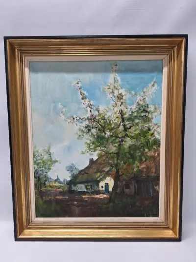 Olieverfschilderij op doek - Boerderij met bloesemboom - Henri Joseph Pauwels – kavel bij De Kringwinkel, Gent