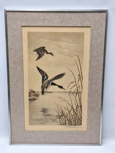Wilde eenden boven het water - gesigneerde kleurenprent - Léon Danchin – kavel bij De Kringwinkel, Gent