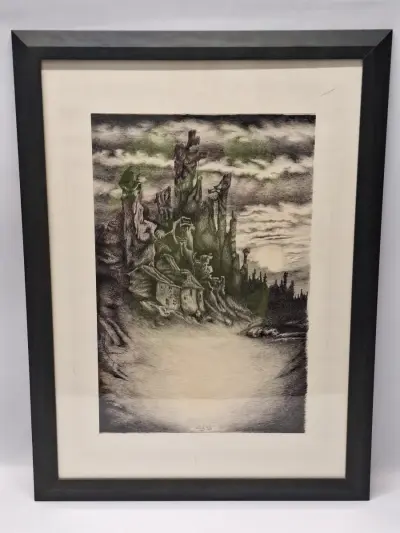 Ingelijst fantasielandschap - gesigneerd “Vermote Peter”, september 1989 – kavel bij De Kringwinkel, Gent