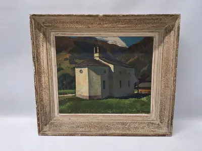 Olieverfschilderij van een berglandschap met kapel - Eugène Delécluse (1882-1972) – kavel bij De Kringwinkel, Gent