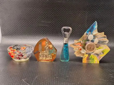 Set van vier siervoorwerpen van lucite met botanische en maritieme insluitsels - Mid-Century Modern – kavel bij De Kringwinkel, Gent