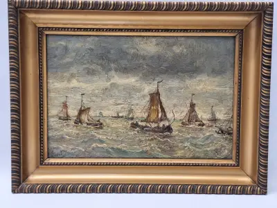 Olieverfschilderij van een dynamisch zeegezicht met bomschuiten - gesigneerd Jacob – kavel bij De Kringwinkel, Gent