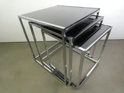 Set van 3 Strakke Moderne bijzettafels - Chroom & Zwart Gehard Glas – kavel bij De Kringwinkel, Heverlee