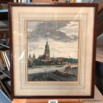 Ingekleurde historische gravure of ets met een gezicht op Arnhem, met op de achtergrond de karakteristieke toren van de Sint-Eusebiuskerk en schepe… – kavel bij ProVeiling, Wagenin