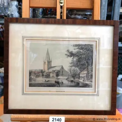 Een antieke lithografie van de Dorpskerk in Voorschoten – kavel bij ProVeiling