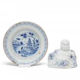 Delft, blauw wit aardewerk vormstuk van Boeddha, 19e eeuw – kavel bij Veilinggebouw De Zwaan, Amsterdam