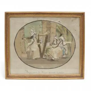 Fraai zijde geborduurde voorstelling 'Mirza pince la Harpe devant Saladin, waarschijnlijk door Franc vd Corput, ca. 1800 – kavel bij Veilinggebouw De Zwaan, Amsterdam