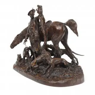 Pierre Jules Mêne (1810-1879), bruin gepatineerd bronzen sculptuur, 'vossenjacht', circa 1900 – kavel bij Veilinggebouw De Zwaan, Amsterdam