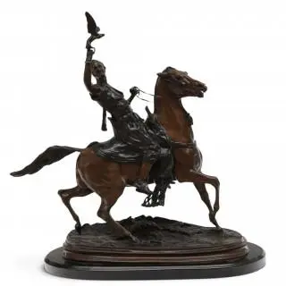 Naar P. J. Mene, bruin gepatineerd bronzen sculptuur, valkenier te paard, 20e eeuw – kavel bij Veilinggebouw De Zwaan, Amsterdam